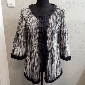 Pure Handknit Black & White Textured Cardigan with Ruffled Edges